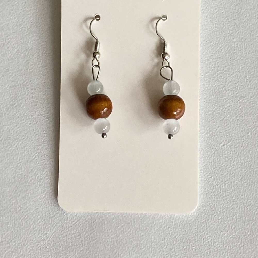 Hand Crafted Brown and White Dangle Earrings with Wooden Beads